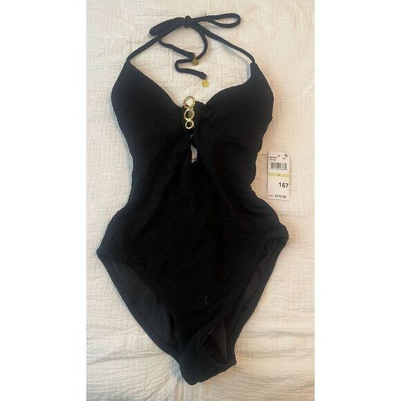 Trina Turk Black Sands Women's Standard One Piece Swimsuit Deep Neck Bathing Sui - Picture 3 of 7